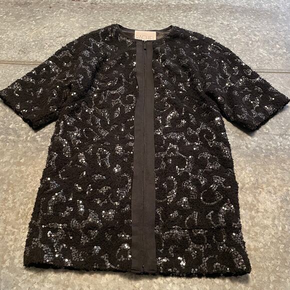 Rachel Roy Black Sequin Jacket Tunic Dress Small Full Zip Short Sleeve Pockets - Picture 1 of 12